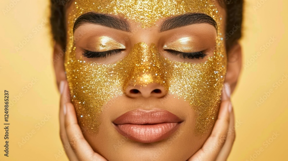 A stunning young woman radiates confidence as she shines in sparkling gold glitter, perfect for product promotion. A stunning young woman radiates confidence as she shines in sparkling gold glitter, perfect for product promotion.