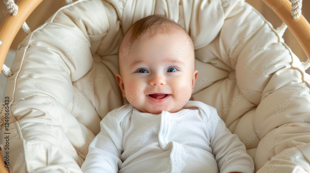A sweet baby enjoys playful moments in a cozy rocking swing chair, surrounded by a calm and safe home atmosphere. A sweet baby enjoys playful moments in a cozy rocking swing chair, surrounded by a calm and safe home atmosphere.