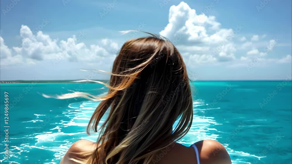A person with long hair stands by the water, looking out at a blue ocean and a clear sky with white clouds. A person with long hair stands by the water, looking out at a blue ocean and a clear sky with white clouds.