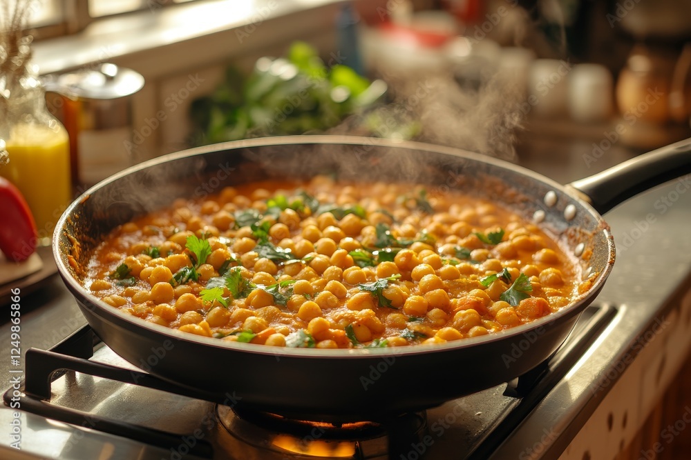 Chickpea curry cooking kitchen sunlight Chickpea curry cooking kitchen sunlight