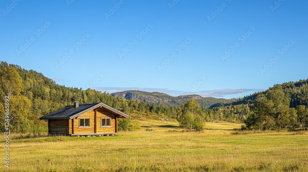 A charming wooden cabin sits in a wide open field surrounded by lush greenery, with hills in the background, under a bright blue sky offering a tranquil and peaceful atmosphere. A charming wooden cabin sits in a wide open field surrounded by lush greenery, with hills in the background, under a bright blue sky offering a tranquil and peaceful atmosphere.