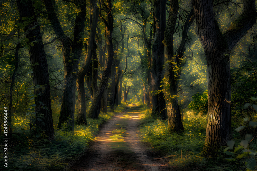 Fototapeta premium Serenity in Nature: A Tranquil Forest Path Illuminated by Dappled Sunlight, Inviting Exploration and Reflection