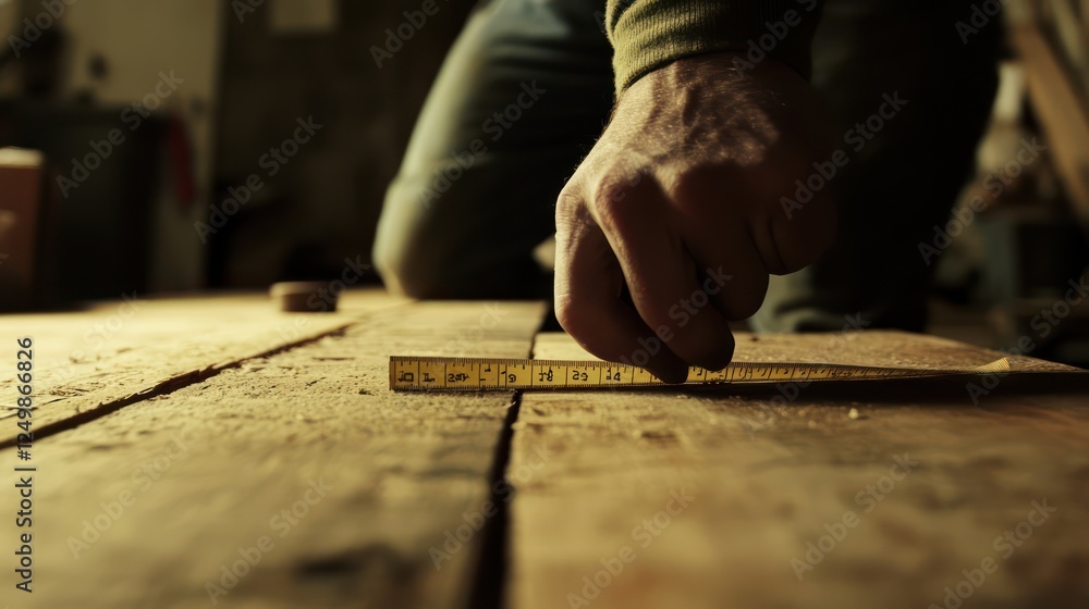 A carpenter carefully measuring a piece of wood with a tape measure, focusing on the precise markings for accuracy and precision. A carpenter carefully measuring a piece of wood with a tape measure, focusing on the precise markings for accuracy and precision.