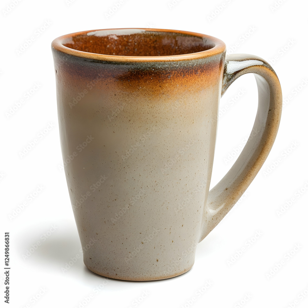 Beige ceramic mug, studio shot, white background, morning beverage Beige ceramic mug, studio shot, white background, morning beverage
