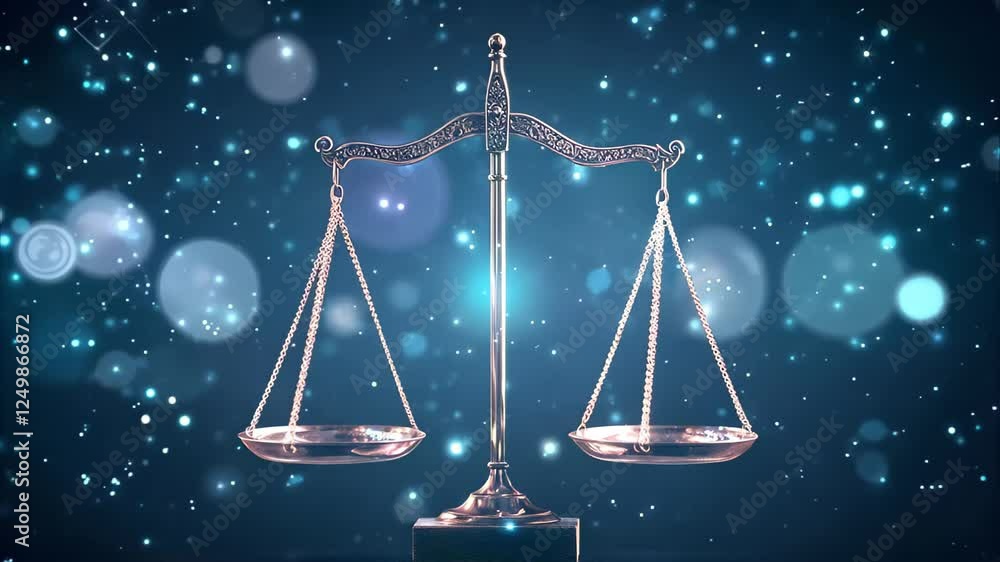 A balanced scale representing justice, set against a shimmering blue background. A balanced scale representing justice, set against a shimmering blue background.
