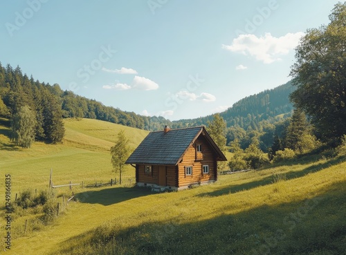 A charming wooden cabin sits in a wide open field surrounded by lush greenery, with hills in the background, under a bright blue sky offering a tranquil and peaceful atmosphere.