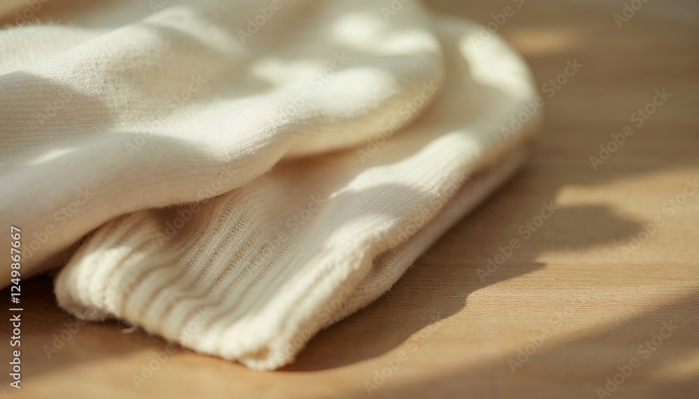 Close-up White Wool Socks on Wooden Surface with Natural Sunlight Close-up White Wool Socks on Wooden Surface with Natural Sunlight