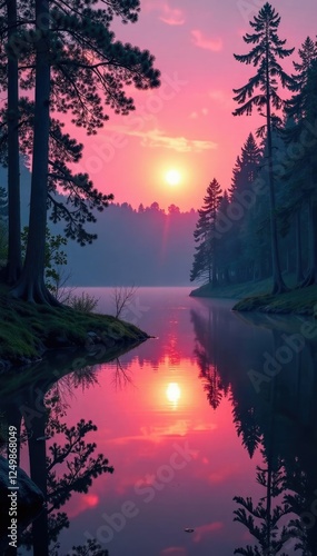 Wallpaper Mural Pink hues of a sunset softly filter through forest trees and onto lake surface, forest landscape, natural ambiance Torontodigital.ca