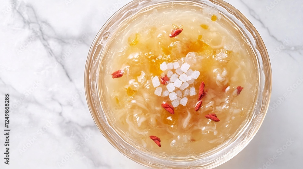 Top down view of Chinese snow fungus dessert soup goji berries and rock sugar served in a transparent bowl Top down view of Chinese snow fungus dessert soup goji berries and rock sugar served in a transparent bowl