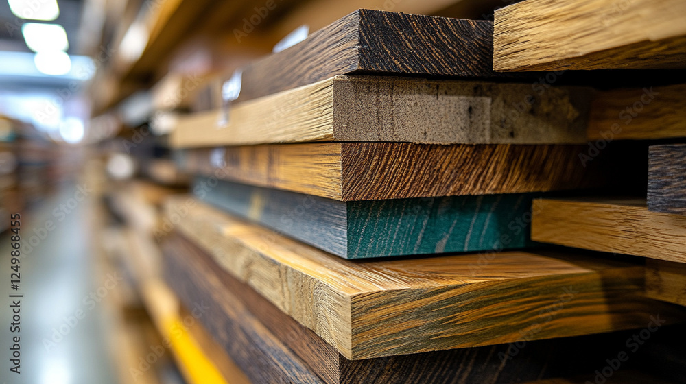 Modern laminate flooring samples in a building supplies store, showcasing bright tones, blurred background, and empty space for text or captions Modern laminate flooring samples in a building supplies store, showcasing bright tones, blurred background, and empty space for text or captions