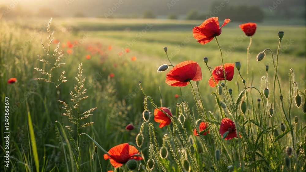 Obraz premium Red poppies stand tall among a carpet of soft green grass as the warm summer sun shines down on the lush meadow, nature, green grass, landscape, blooming flowers, wildflowers