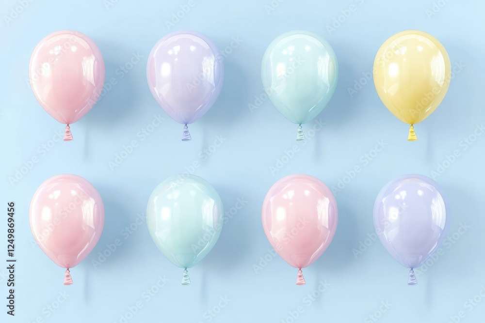 Eight pastel colored balloons float against a light blue background Eight pastel colored balloons float against a light blue background