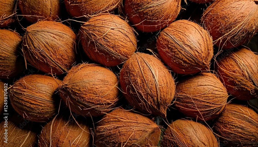 Freshly harvested coconuts arranged on a surface showcasing their natural texture and form Freshly harvested coconuts arranged on a surface showcasing their natural texture and form