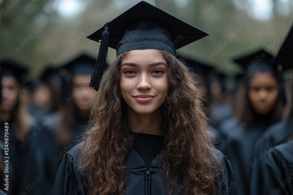 A graduate smiles proudly in a cap and gown among fellow graduates. A graduate smiles proudly in a cap and gown among fellow graduates.