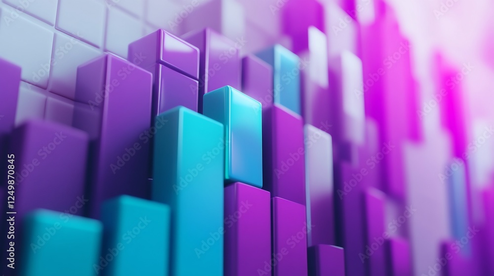 Abstract 3D bar graph showing growth, success, and data visualization with purple and teal bars against a white grid background. Abstract 3D bar graph showing growth, success, and data visualization with purple and teal bars against a white grid background.