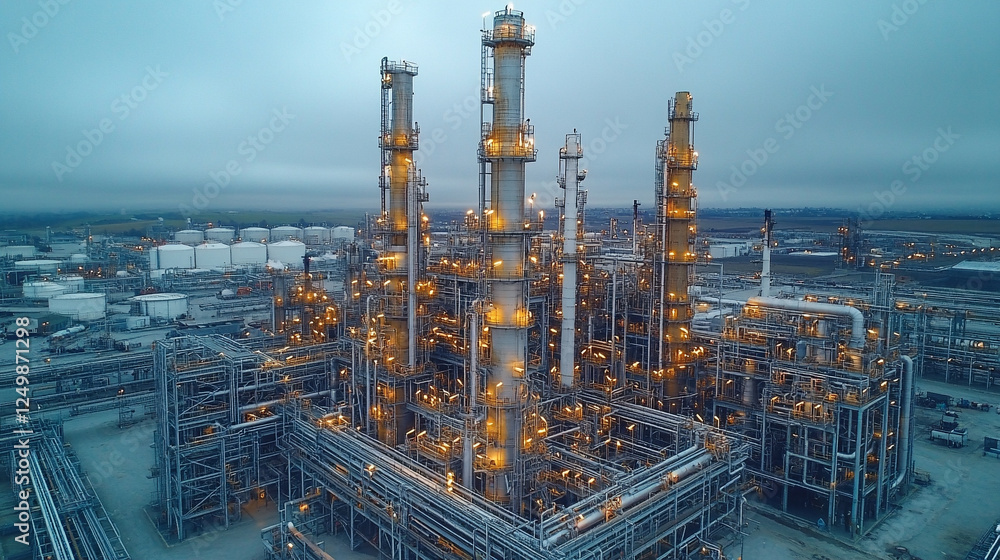 A large industrial refinery with pipes, tanks, and metal structures under a dramatically cloudy sky. The modern background features a bright tone with blurred, empty space for captions A large industrial refinery with pipes, tanks, and metal structures under a dramatically cloudy sky. The modern background features a bright tone with blurred, empty space for captions