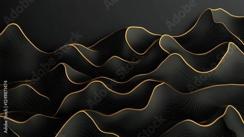 A 3D portrait wallpaper with a black background. Golden and black marble wavy mountains. Modern flat background wallpaper