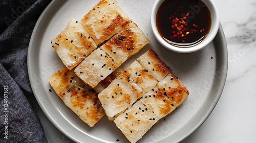 Top down view of Chinese turnip cake lo bak go slices pan fried golden perfection served with a side of chili oil photo