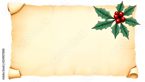 A textured vintage scroll adorned with vibrant holly leaves, ideal for holiday-themed designs. Generative AI