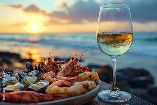 Fototapeta Naklejka Na Ścianę i Meble -  Sunset seafood dinner beach ocean wine