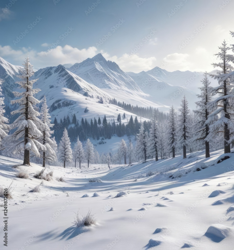 Snow-covered trees and hills in a winter landscape, winter, frosty Snow-covered trees and hills in a winter landscape, winter, frosty