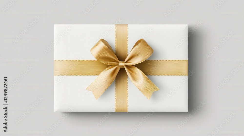 Elegant White Gift Box with Golden Ribbon Bow on Gray Background Ideal for Celebrations, Birthdays, Holidays, and Special Occasions Elegant White Gift Box with Golden Ribbon Bow on Gray Background Ideal for Celebrations, Birthdays, Holidays, and Special Occasions