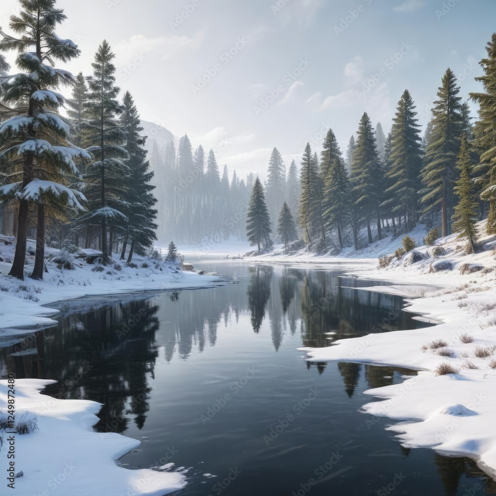 Fototapeta premium Snow-covered winter landscape with a frozen lake and pine trees, serene scenery, cold climate