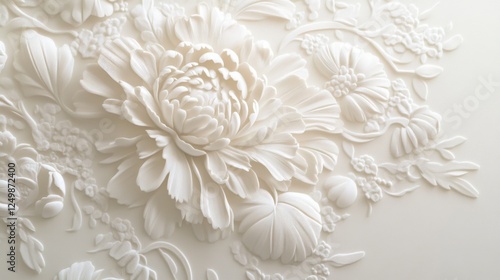 Elegant White Floral Relief Artwork Showcasing Intricate Details of Various Flowers and Botanicals in a Soft, Textured Background for Elegant Decor