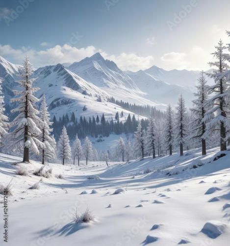 Snow-covered trees and hills in a winter landscape, winter, frosty