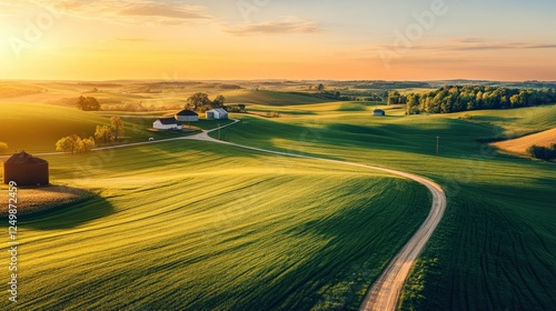 Serene countryside landscape at sunset with winding road and farmhouses amidst lush fields