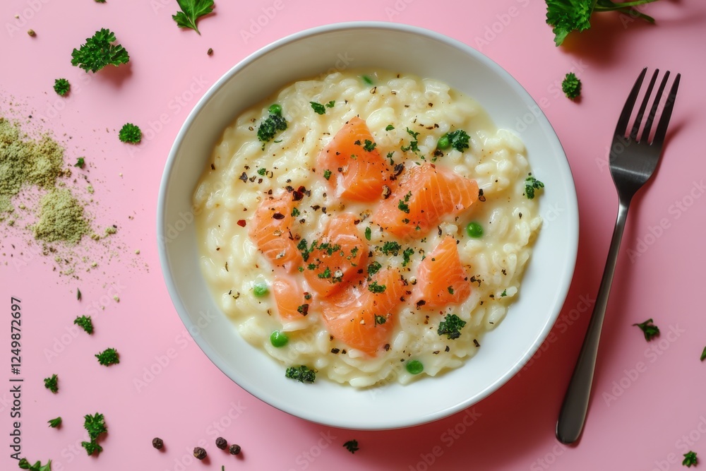Creamy risotto topped with salmon and parsley on pink surface Creamy risotto topped with salmon and parsley on pink surface