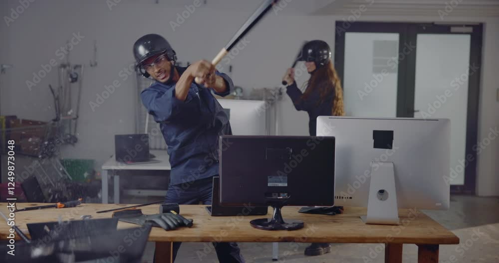 Rage room, anger and people with computer smash for stress relief ...