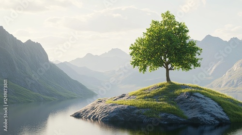 On the crest of a hill, a lone tree stands guard next to an expanse of water photo