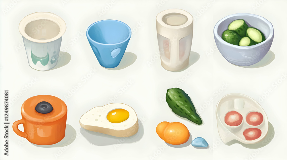 Colorful food and drink icons; kitchenware; white background; app design