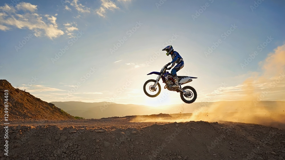 Fototapeta premium Adult man motocross jumping dirt bike sunset