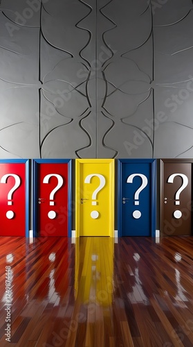 Conceptual image of five doors in red, blue, yellow, and brown with large question marks, symbolizing uncertainty, choices, opportunities, and the challenge of making decisions

