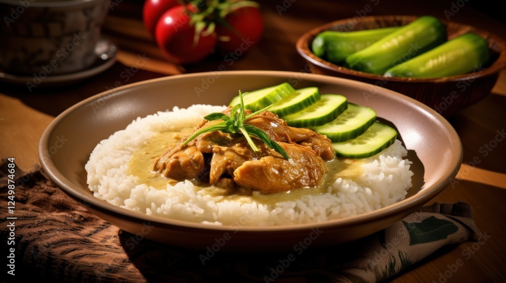 Exquisite chicken curry with rice and fresh cucumber slices presentation Exquisite chicken curry with rice and fresh cucumber slices presentation