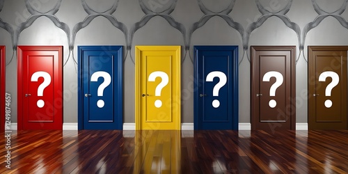 A row of five closed doors in different colors, each marked with a question mark, representing the challenge of making decisions, choosing paths, and facing the unknown

