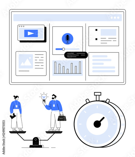 Dashboard with analytics, stopwatch for time optimization, and balanced teammates exchanging ideas. Ideal for productivity, collaboration, analytics, teamwork, efficiency, strategy abstract line