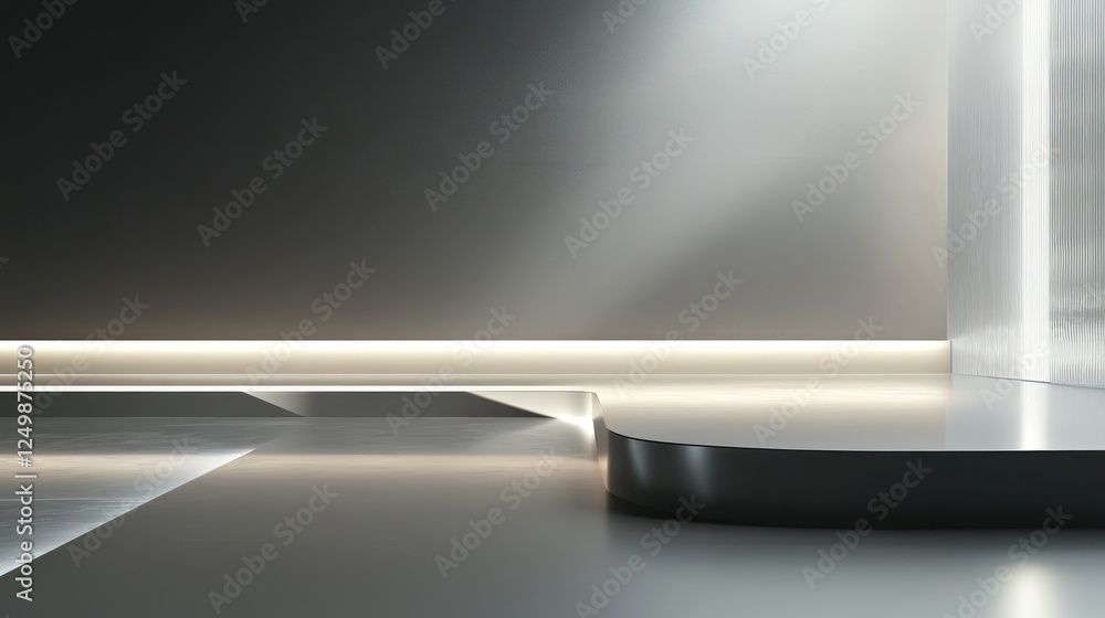Modern minimalist gray and silver platform with subtle lighting. Modern minimalist gray and silver platform with subtle lighting.
