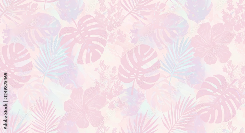 Seamless patterns of tropical leaves and floral designs in pastel tones Seamless patterns of tropical leaves and floral designs in pastel tones