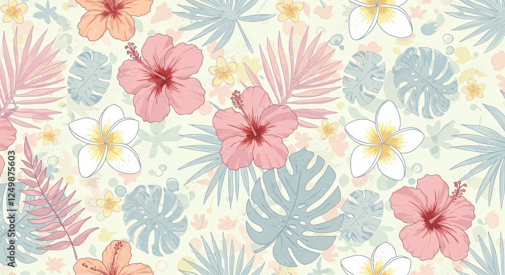 Fototapeta premium Seamless patterns of tropical leaves and floral designs in pastel tones