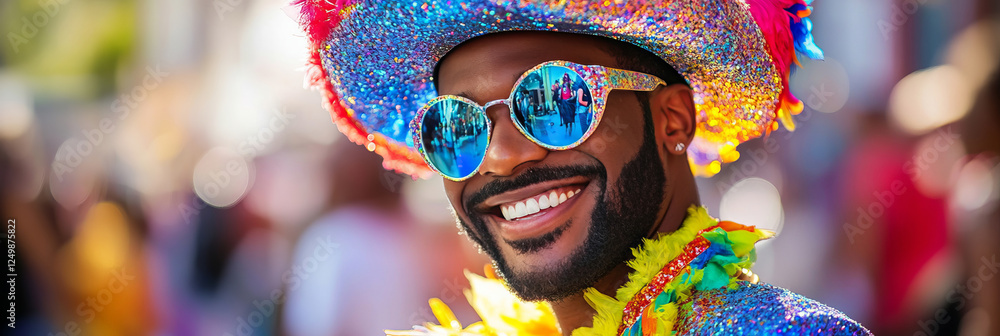 A man in a bright carnival costume, mirror sunglasses, and a festive hat smiles at the camera against a lively street scene, surrounded by people celebrating under glowing lights. A man in a bright carnival costume, mirror sunglasses, and a festive hat smiles at the camera against a lively street scene, surrounded by people celebrating under glowing lights.
