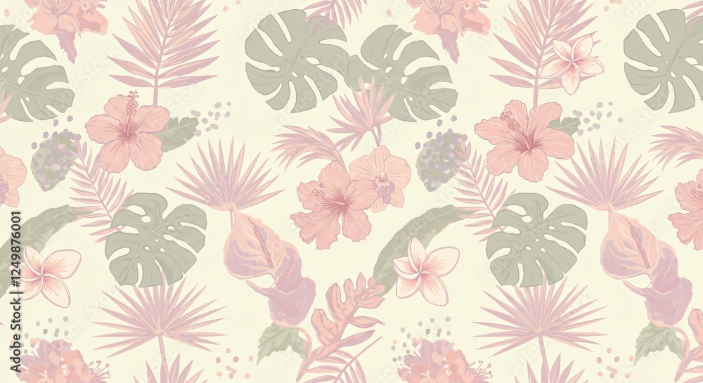 Fototapeta premium Seamless patterns of tropical leaves and floral designs in pastel tones