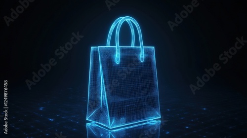 Holographic Shopping Bag with Bright Blue Lines on Dark Background for Marketing and Retail Concept in Digital Era