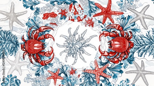 Detailed circular design of crabs, starfish, and coral.  Sea creatures pattern design for fabrics, wallpapers or backgrounds photo