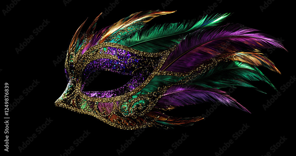 Naklejka premium A striking Mardi Gras mask with rich purple, green, and gold feathers set against a black background, featuring an intricate design of a mysterious woman wearing a dark and ornate masquerade mask.