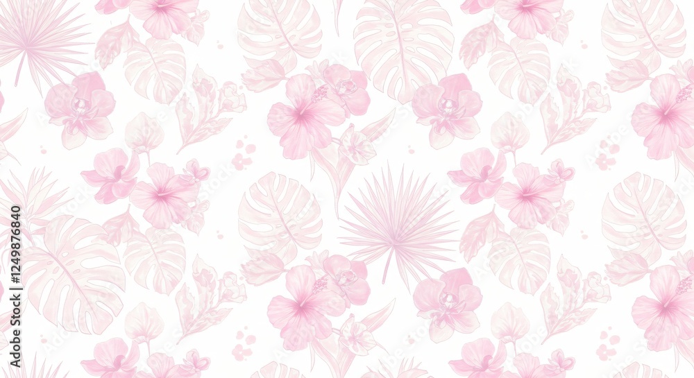 Seamless patterns of tropical leaves and floral designs in pastel tones Seamless patterns of tropical leaves and floral designs in pastel tones