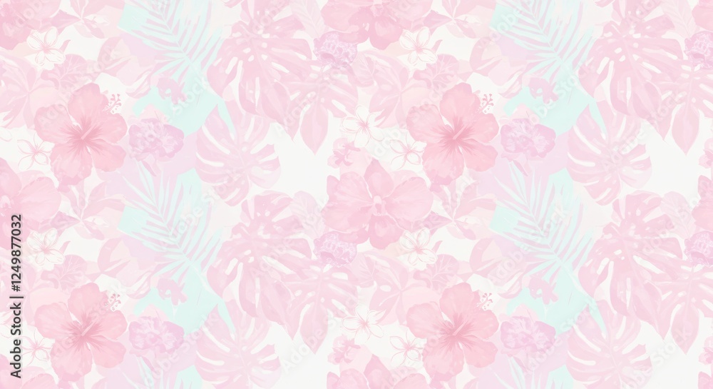 Seamless patterns of tropical leaves and floral designs in pastel tones Seamless patterns of tropical leaves and floral designs in pastel tones