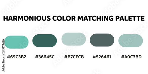 Harmonious color palette combines soft cyan tones with deeper greens for a balanced and natural aesthetic. muted teal, forest green, greyish cyan, slate grey, soft mint. Enhance the tranquil. 175.